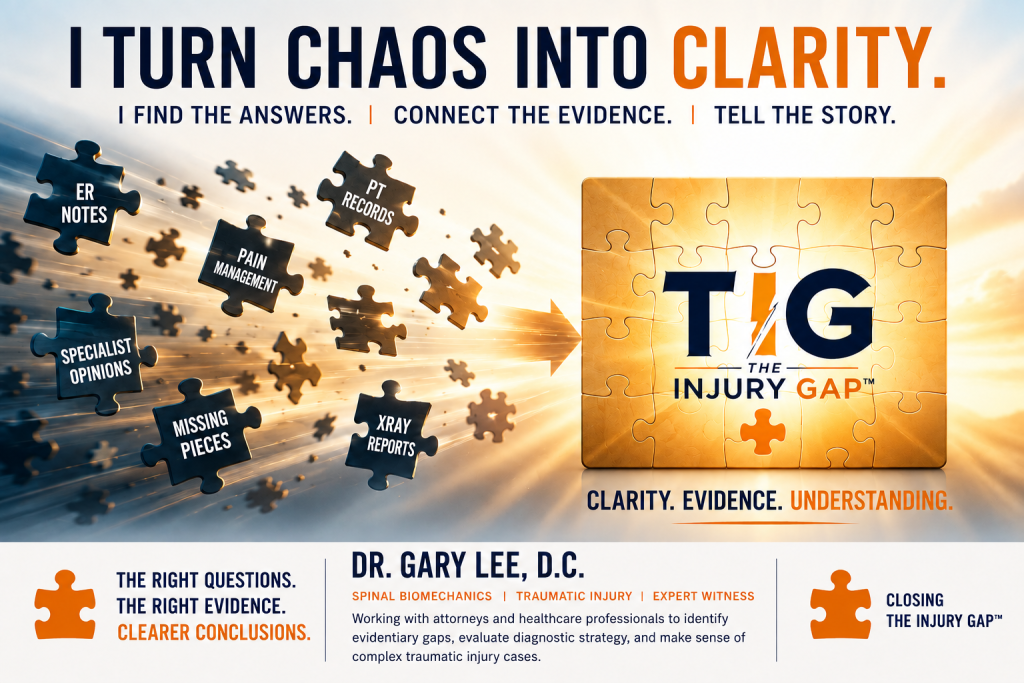 Dr. Gary Lee Injury Gap™ graphic illustrating how fragmented medical records and injury evidence are connected through forensic injury analysis to create clearer conclusions.