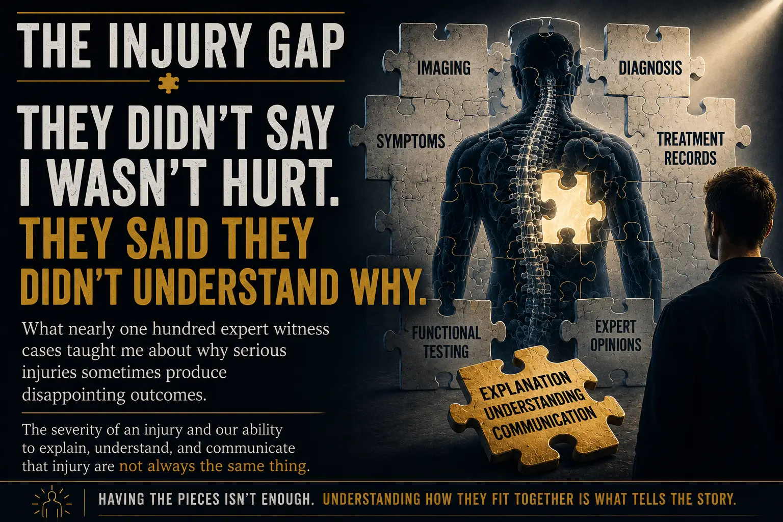 The Injury Gap™ graphic illustrating how imaging, symptoms, diagnosis, treatment records, functional testing, and expert opinions must be connected to understand traumatic injury.